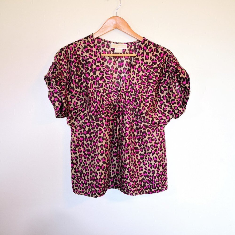 NWOT Michael Kors 100% Silk Leopard Animal-Print Blouse Size M Pettie